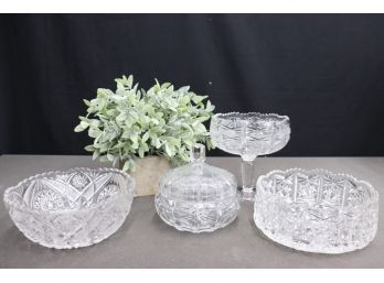 Stars, Diamond, And Scallops: Four Cut Crystal Glass Bowls - Flats, Pedestal, And Covered