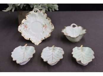 Three T&V Limoges Green Leaf Bowls And A Porcelain Sauce Boat & Saucer Set