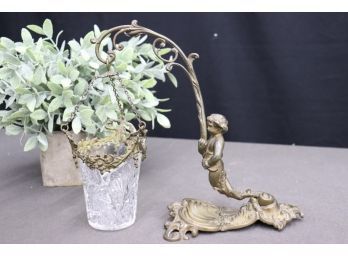 Supernal Brass Art Nouveau Figurine With Cantilevered Cut Crystal Flower Cup