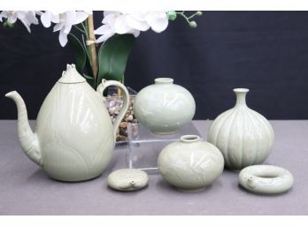 Magnificent 6 Piece Grouping Korean Celadon Ware Tea Pot And Vases, Marked EWHA