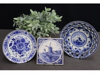 Group Lot Of Hand-Painted Delft Blue: Footed Bowl, Plate, And Square Trivet