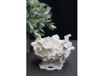 High Relief Flower And Petal Sculptural Porcelain Footed Compote