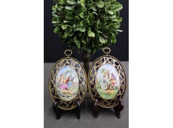 Pair Of Porcelain Cameo After Fragonard Wall Hangings In Rococo Brass Frames