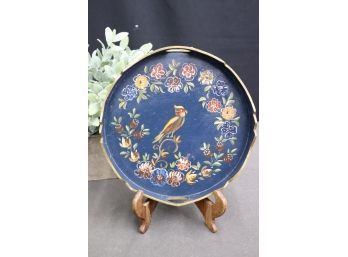 Vintage Folk Art Hand-painted Round Wood Tray - Crested Bird And Crested Rail - Signed Verso