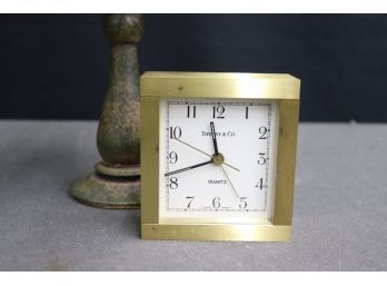 Vintage Tiffany & Co. Brushed Brass Square Swiss Made Mantel Clock Black On White Dial