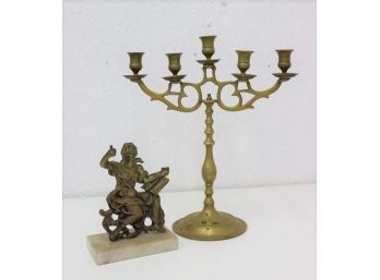 Vintage Brass Lot . Good Quality Heavy Candelabra , Beauty On Marble Base