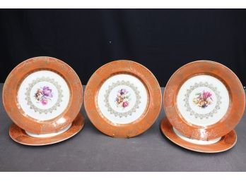 Set Of Five Volkstedt German Porcelain Plates With Bold Wide Deep Coral Band