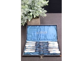 Set Of 12 Antique Abalone Handle Shellfish Picks In Original Box, Fay Cutlery Pembroke Works