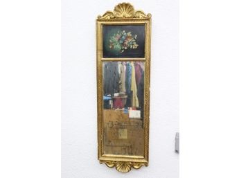 Trumeau  Mirror Floral On Black Painted Panel In Gilt-style Crested Frame