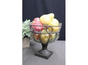 Patterned Glass Fruit Bowl In Matching Pattern Iron Rod Frame On Pedestal Plinth