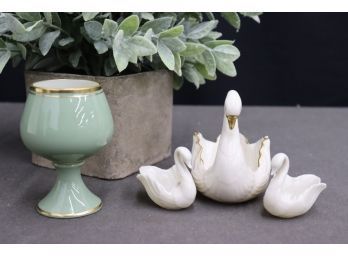 Gold Trimmed Lenox Porcelain: Family Of Three Swans And A Celadon Brandy Snifter