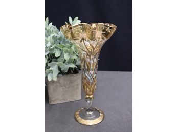 Gilt Gold And Enamel Embellished Bohemian Glass Vase, Ruffled Flared Rim