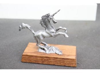 Rearing Unicorn  Pewter Statuette On Wood Base