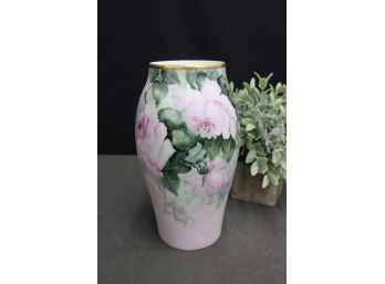 Vintage Porcelain Vase With Flowing Pink Roses And Green Petal Surround, Unmarked Bottom