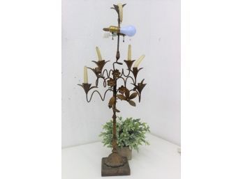 Vintage Neo-Gothic Floral Vine Bronze Gilt Patina Candelabra Multi Bulb Lamp. French