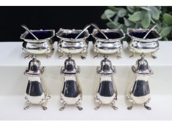 Set Of 4 Williams-Adams Polished Pepper Shakers &  Salt Cellars With Cobalt Liner Insert