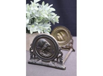 Vintage Brass Rod Expandable Book Rack With Minerva Relief Sand-Cast Iron End Rounds