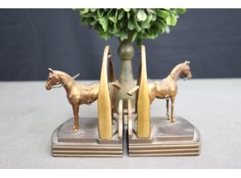 Stately Polished Brass Horse Figurine Book Ends, Fashioned By Ronson