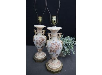 Pair Of Lamps: Porcelain Pink Flower On White Ground Trophy Urn Vases As Table Lamps