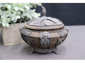 Vintage Carved Wooden Lidded Bowl In Repousse Metal And Braided Wire Pedestal Frame