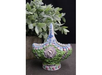 Vintage Flower And Moss Elfinware-style Small Porcelain Footed Basket, Made In Germany Marked Bottom