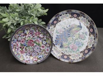 Japanese Porcelain:  Asahi Peacock Lotus Plate And  Pewter Encased Bowl 'ISCO  A ' (hong Kong Decoration)