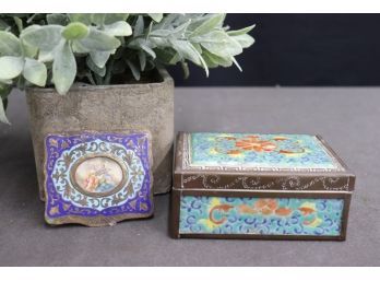 Two Vintage Dresser Boxes - Engraved Copper & Enamel And Porcelain Cameo On Brass Champleve