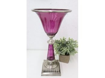 3amethyst Art Glass Trophy Urn Vase With Matte Metallic Base, Collar, And Rim