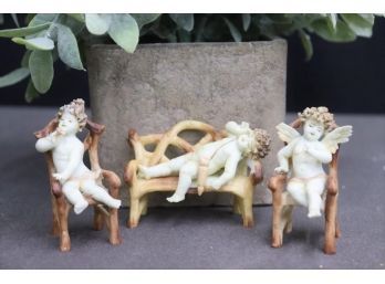 Porcelain Trio Of Baby Angel Cherubs Resting On Twig/Branch Faerie Chairs & Love Seat