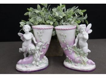 Pair Of Hand Painted Porcelain Opposing Angel Horn Flower Vase Figurines