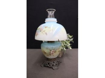 Sky Painted AC Converted Globe Oil Lamp On Ornate Pierced Cast Metal Base***needs To Be Rewired***