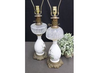 Superior Pair Of Cut Glass Globe On Porcelain Brass Base Vase Lamp