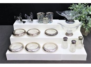 Excellent Group Lot Of Silver And Silver-Plated Crystal Tabletop Objects (6 Of Coasters Marked Sterling)