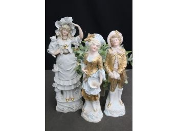 Group Lot Of Porcelain Figurines: French Romantic Couple In Gilt Dress And Victorian Lady Holding Cat