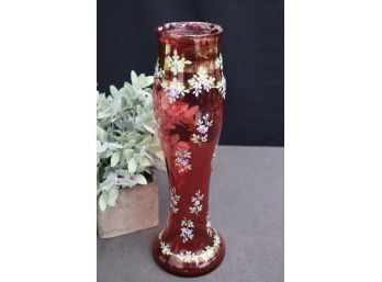 Vintage Ruby Bohemian Glass Tall Pilsner Vase Hand Enamel Flowers (small Chip Outer Rim)