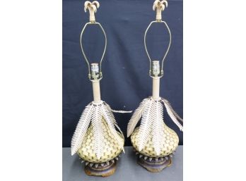 Pair Of Vintage Palm Beach Regency Ceramic Faux-Weave & Frond Vase Lamps