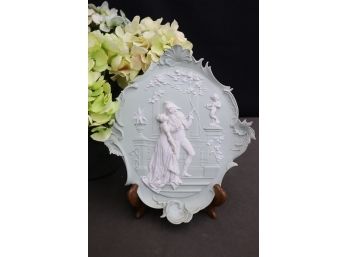 German Bisque Jasperware Lovers Courting White On Mint Wall Hanging, Bottom Marked And Numbered