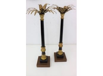 Pair Of Hollywood Regency Palm Tree Pricket Candlesticks