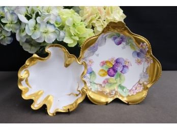 Two Extensive Gilt Gold Porcelain Candy Dishes: Hand Painted Berries (Limoges) & Gold On White (unmarked)