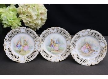 Three Porcelain Reticulated Watteau Courting Couple Scene Cabinet Plates - AMS Mark