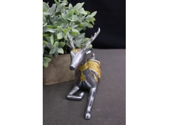 Polished Metal Decorative Reindeer Figurine With Gold Painted Saddle And Tack