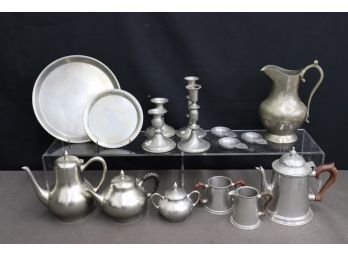 Grouping Of Vintage Pewter (mostly) Pitchers, Candlestick Holders, Tankards, Etc.