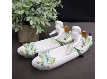 Pair Of Antique English Porcelain Cherubs In Flower Adorned Canoes John Mortlock London