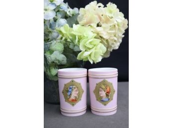 Vintage Pair Of Glaze Painted Portrait Porcelain Beaker Cups