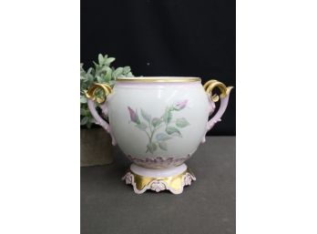 Floral Rose Limoges Jardiniere Planter With Ornate Double Handles & Gilt Base And Accents