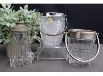 Group Lot Of 2 Small Crystal Ice Buckets And One Crystal Thumb Lift Lidded Beer Stein