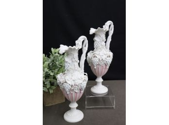 Phenomenal Pair Parian Porcelain Bennington Vases Fluted In Rose Pastel & Pearl White - Both Drilled