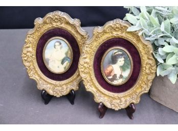 Pair Of Small Porcelain Portrait Plaque Cameos In Ornate Oval Gily Gesso Frames,