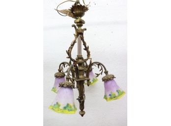 Vintage Floral Painted Four Lamp Colored Glass And Brass Hanging Light