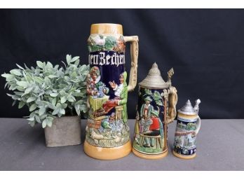 A Family Of Three German Bier Steins - Large Open Top, Medium And Small With Thumb Lift Lids